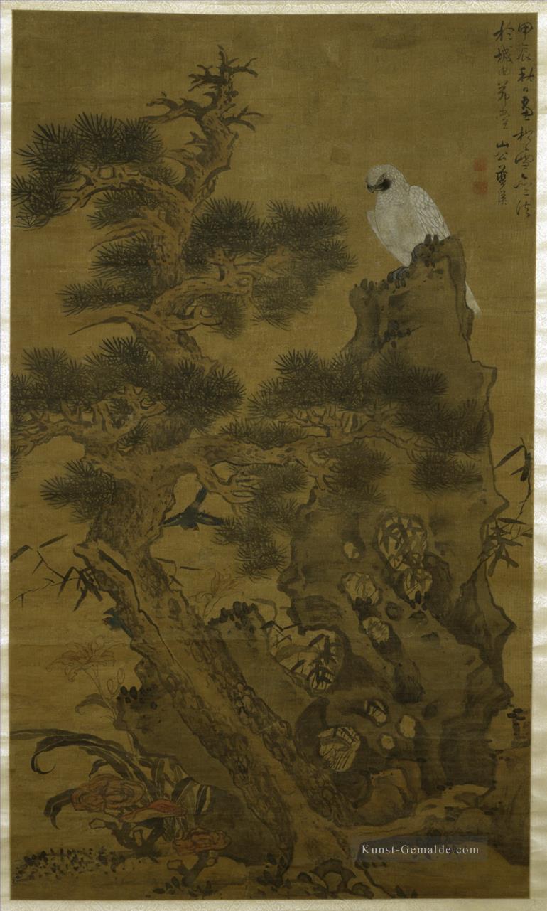Kiefernfalke und Fels 1664 alte China Tinte Ölgemälde